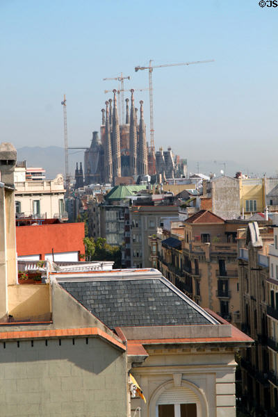 Sagrada Familia seen from roof of Casa Milà. Barcelona, Spain.