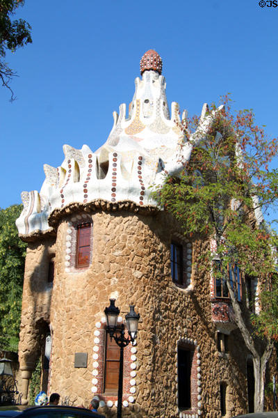 Street view of Gatekeeper's pavilion at Parc Güell. Barcelona, Spain.