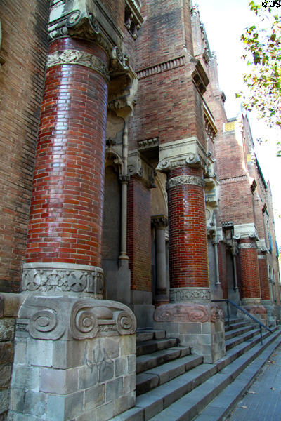Modernista pillars on building at Hospital de Sant Pau. Barcelona, Spain.