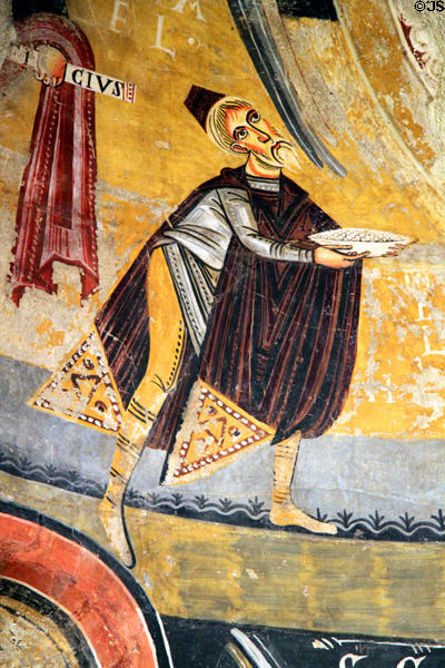 Fresco of man with offering from church of Santa Maria d'Àneu (12thC) at Museu Nacional d'Art de Catalunya. Barcelona, Spain.