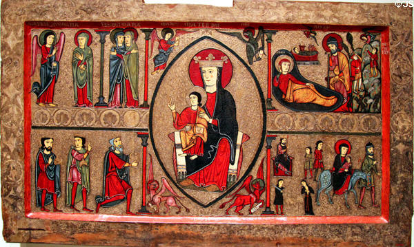 Altar painting (13thC) of life of Virgin Mary from church of Santa Maria de Cardet at Museu Nacional d'Art de Catalunya. Barcelona, Spain.
