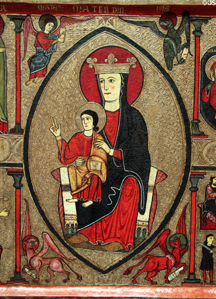 Altar painting (13thC) detail of Virgin Mary surrounded by Evangelist symbols from church of Santa Maria de Cardet at Museu Nacional d'Art de Catalunya. Barcelona, Spain.