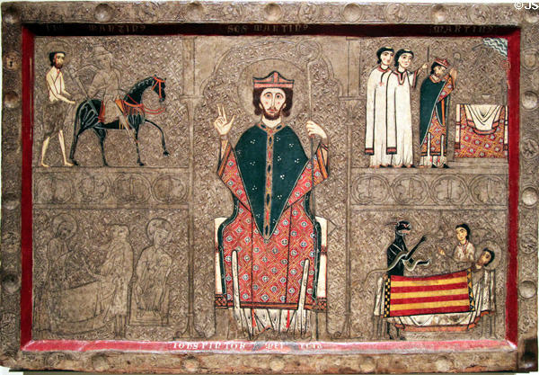Altar painting (13thC) of life of St Martin with Catalan flag from church of Sant Martí de Gia o Xia at Museu Nacional d'Art de Catalunya. Barcelona, Spain.