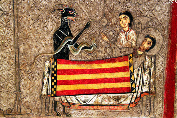 Altar painting (13thC) detail of St Martin's body under Catalan flag shroud from church of Sant Martí de Gia o Xia at Museu Nacional d'Art de Catalunya. Barcelona, Spain.