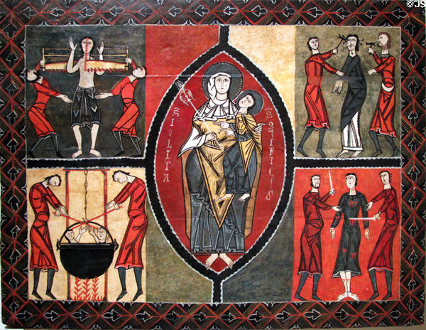 Altar painting (12thC) of tortures of St Quirc from hermitage of Sant Quirc de Durro at Museu Nacional d'Art de Catalunya. Barcelona, Spain.