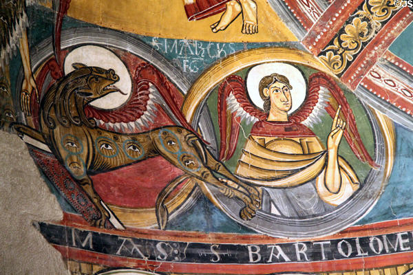 Fresco detail of symbol of Evangelist St Mark from church of Sant Climent de Taüll (12thC) at Museu Nacional d'Art de Catalunya. Barcelona, Spain.