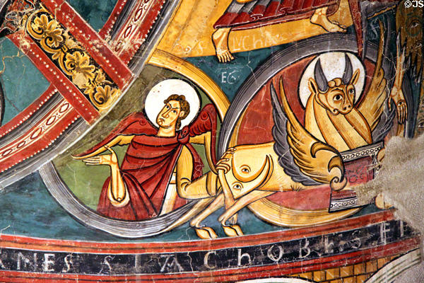 Fresco detail of symbol of Evangelist St Luke from church of Sant Climent de Taüll (12thC) at Museu Nacional d'Art de Catalunya. Barcelona, Spain.
