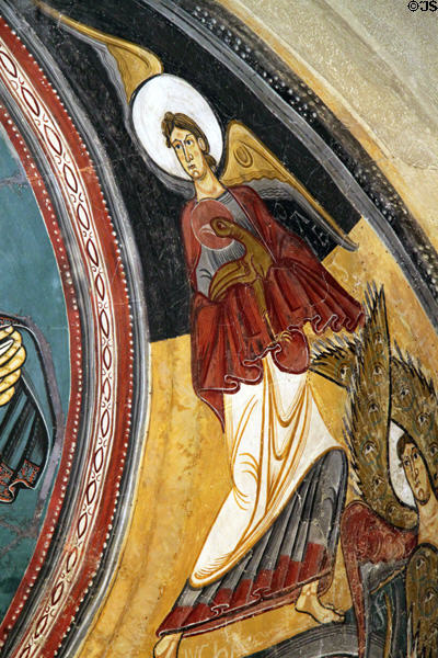 Fresco detail of symbol of Evangelist St John from church of Sant Climent de Taüll (12thC) at Museu Nacional d'Art de Catalunya. Barcelona, Spain.