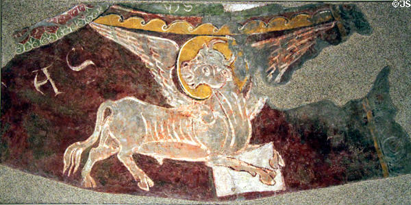 Fresco detail of Evangelist St Luke from church of Sant Esteve d'Andorra la Vella (13thC) at Museu Nacional d'Art de Catalunya. Barcelona, Spain.