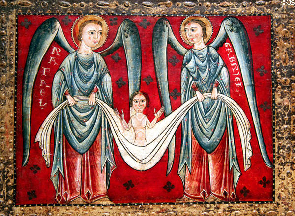 Altar painting (13thC) detail of Archangels Rafael & Gabriel from church of Catalunya at Museu Nacional d'Art de Catalunya. Barcelona, Spain.