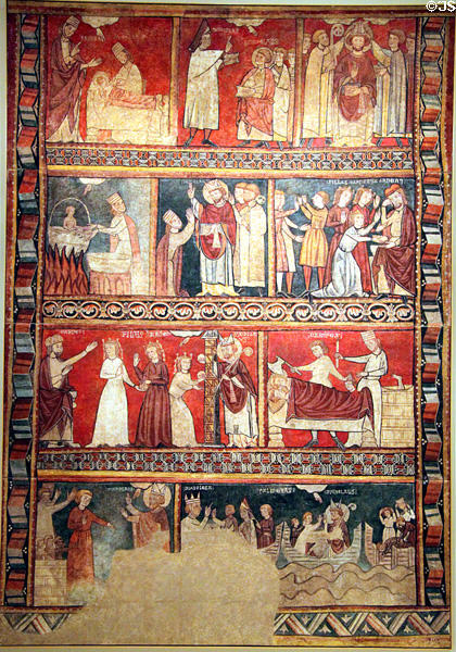 Scenes from life of St Nicholas fresco (13thC) by Second Master of Bierge at Museu Nacional d'Art de Catalunya. Barcelona, Spain.