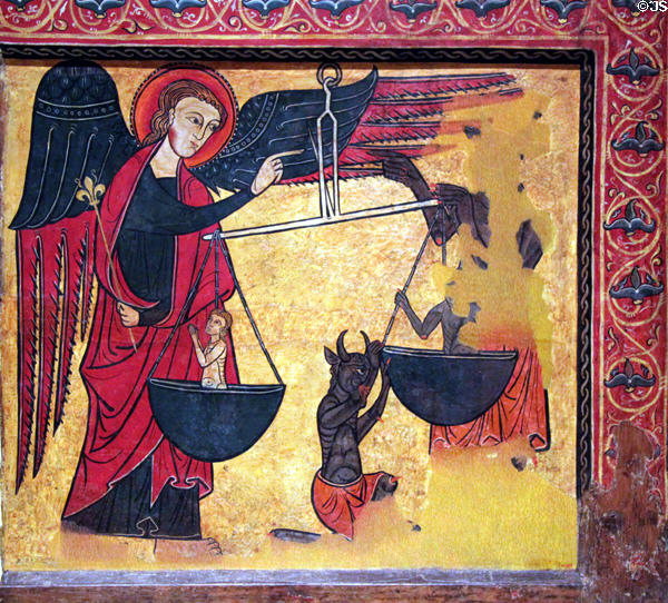 Painting (14thC) of Archangel Michael weighing souls to save them from devil by Master of Soriguerola at Museu Nacional d'Art de Catalunya. Barcelona, Spain.
