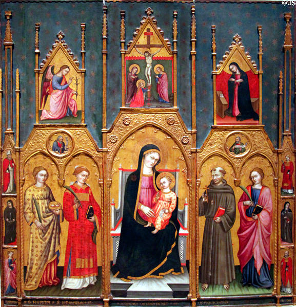 Altarpiece of Mary with Sts Agatha, Steven & Francis (15thC) by Giovanni di Pietro da Pisa at Museu Nacional d'Art de Catalunya. Barcelona, Spain.