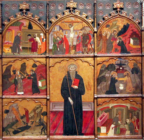Scenes from life of St Anthony Abbot painting (c1360-75) by Master of Rubió at Museu Nacional d'Art de Catalunya. Barcelona, Spain.