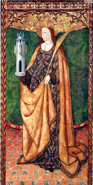 St Barbara painting (15thC) by an artist of Aragon at Museu Nacional d'Art de Catalunya. Barcelona, Spain.