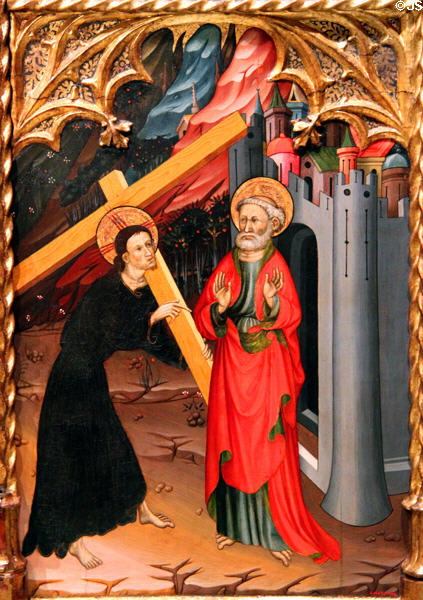 Detail of St Peter with Christ on Altarpiece of Sts Michael & Peter (c1432) by Bernat Despuig & Jaume Cirera at Museu Nacional d'Art de Catalunya. Barcelona, Spain.