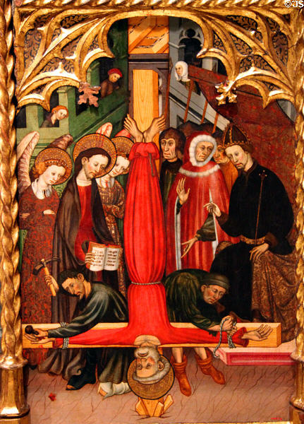 Detail of inverted crucifixion of St Peter on Altarpiece of Sts Michael & Peter (c1432) by Bernat Despuig & Jaume Cirera at Museu Nacional d'Art de Catalunya. Barcelona, Spain.