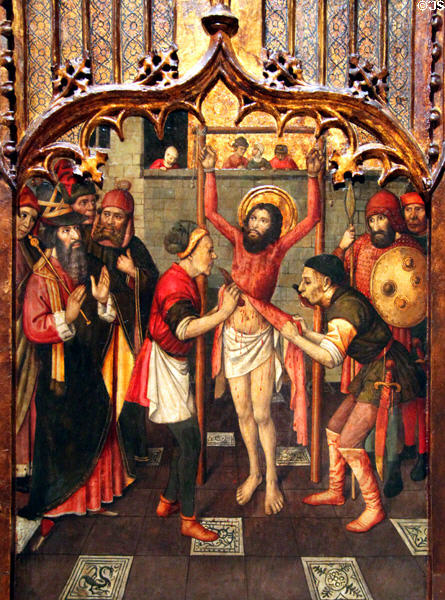 Martyrdom of Apostle St Bartolommeo flayed alive painting (c1465-80) by Huguet at Museu Nacional d'Art de Catalunya. Barcelona, Spain.