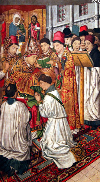 St Vicenç ordained by St Valeri detail on altarpiece of St Vicenç painting (c1455-60) by Jaume Huguet at Museu Nacional d'Art de Catalunya. Barcelona, Spain.