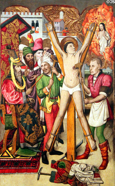 St Vicenç on the cross detail on altarpiece of St Vicenç painting (c1455-60) by Jaume Huguet at Museu Nacional d'Art de Catalunya. Barcelona, Spain.