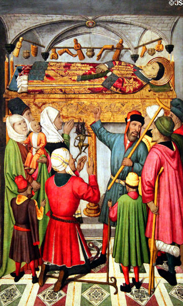 St Vicenç posthumous miracles detail on altarpiece of St Vicenç painting (c1455-60) by Jaume Huguet at Museu Nacional d'Art de Catalunya. Barcelona, Spain.