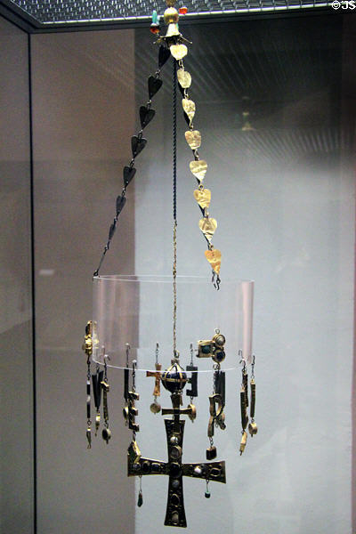 Visigoth religious hanging cross & symbols at Museu d'Arqueologia de Catalunya. Barcelona, Spain.