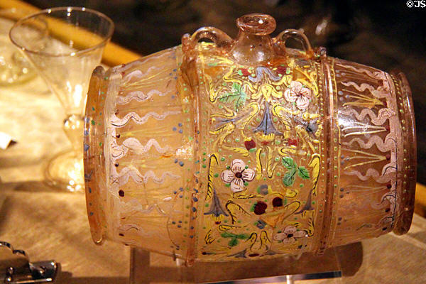 Enameled small glass barrel (16thC) at Museu d'Arqueologia de Catalunya. Barcelona, Spain.