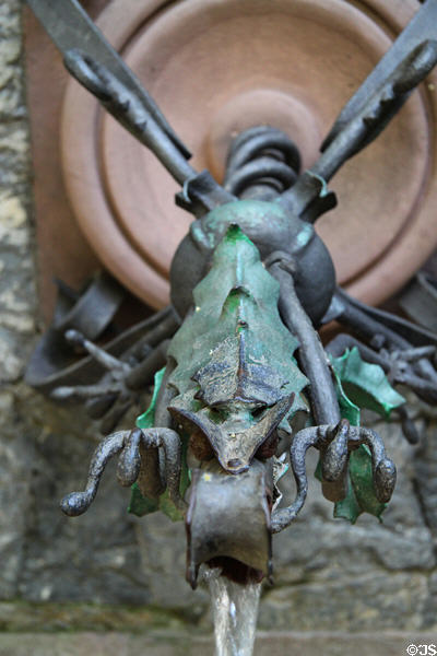 Detail of Gaudí's metalwork dragon for Font d'Hèrcules at Pedralbes Park. Barcelona, Spain.