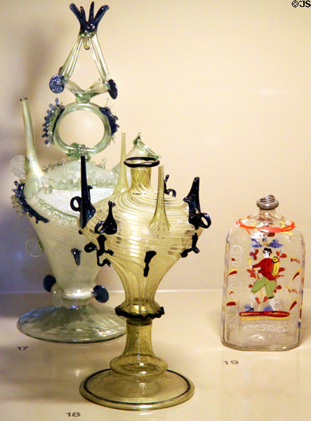Water jug, scent bottle & spirit flask (18thC) Catalunya at Museum of Decorative Arts. Barcelona, Spain.