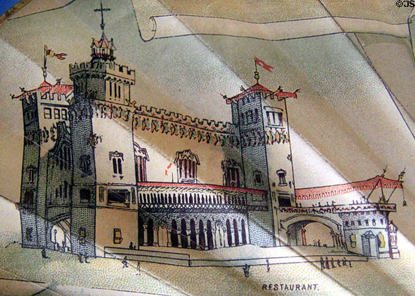 Drawing of restaurant building 1888 Universal Exposition at Barcelona at Museum of Decorative Arts. Barcelona, Spain.