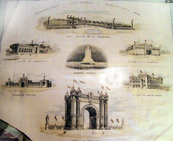 Scarf with images of buildings of 1888 Universal Exposition at Barcelona at Museum of Decorative Arts. Barcelona, Spain.