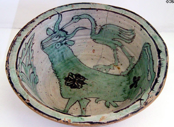 Basin with bull & long legged bird (15thC) at Ceramics Museum of Barcelona. Barcelona, Spain.