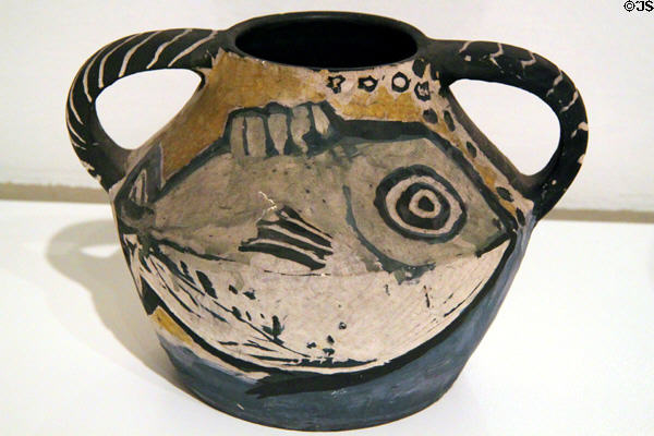 Clay pot with fish by Picasso at Ceramics Museum of Barcelona. Barcelona, Spain.