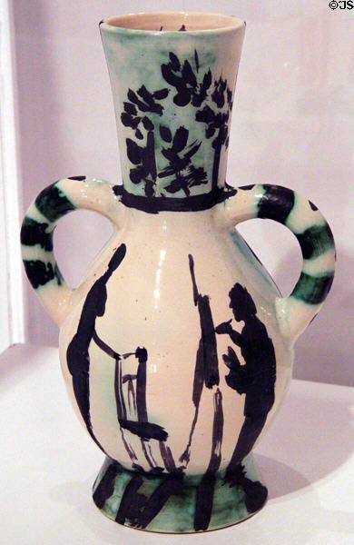Clay two handled urn by Picasso at Ceramics Museum of Barcelona. Barcelona, Spain.