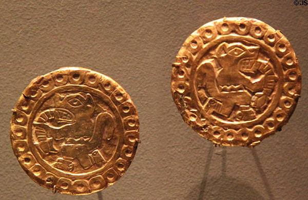 Gold earrings (900-400 BCE) from Chavin Culture, Peru at Barbier Mueller Precolumbian Art Museum. Barcelona, Spain.