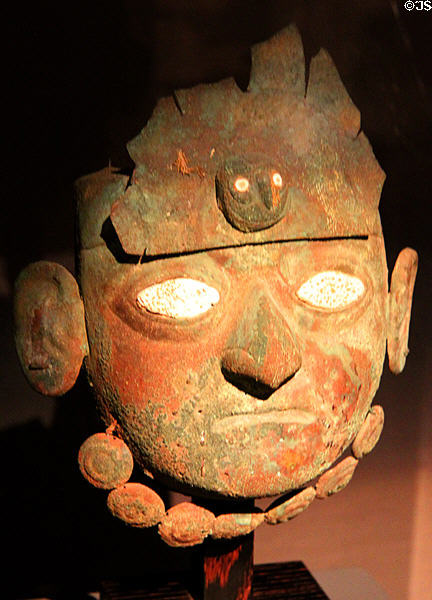 Copper mask (100 BCE-600 CE) from Mochica Culture, Peru at Barbier Mueller Precolumbian Art Museum. Barcelona, Spain.