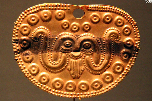 Gold nose ring (100 BCE-600 CE) from Mochica Culture, Peru at Barbier Mueller Precolumbian Art Museum. Barcelona, Spain.