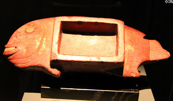 Stone mortar in shape of fish (1450-1533) from Inca Culture, Peru at Barbier Mueller Precolumbian Art Museum. Barcelona, Spain.