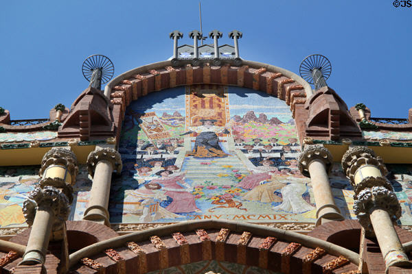 Orfeó Català mosaic (1909) on Palace of Catalan Music. Barcelona, Spain.
