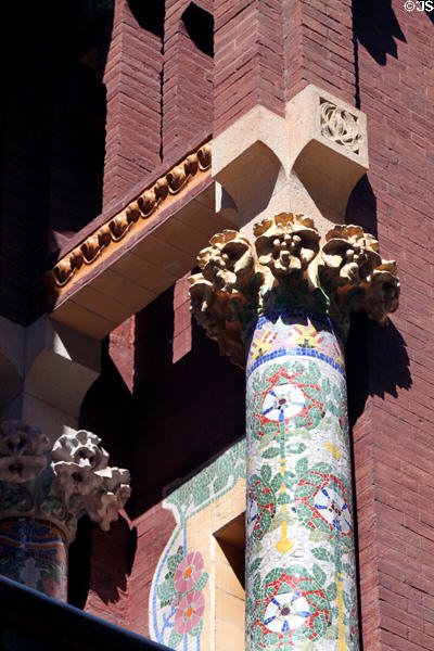 Columns with mosaics on Palace of Catalan Music. Barcelona, Spain.