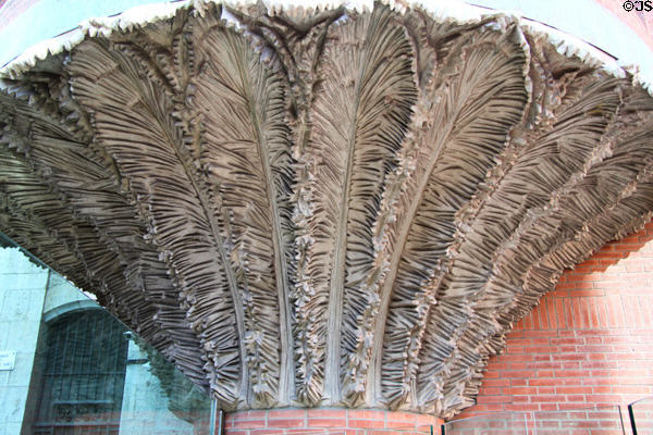 Detail of feathered surface of tower on extension of Palace of Catalan Music. Barcelona, Spain.