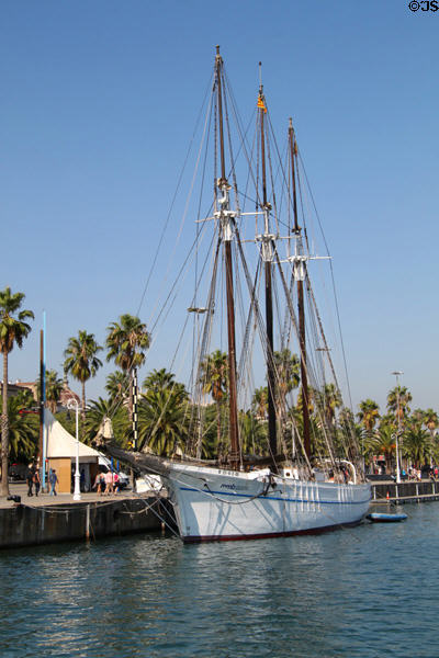 Three-masted schooner Santa Eulàlia, Maritime Museum ship on Moll de la Fusta quay. Barcelona, Spain.