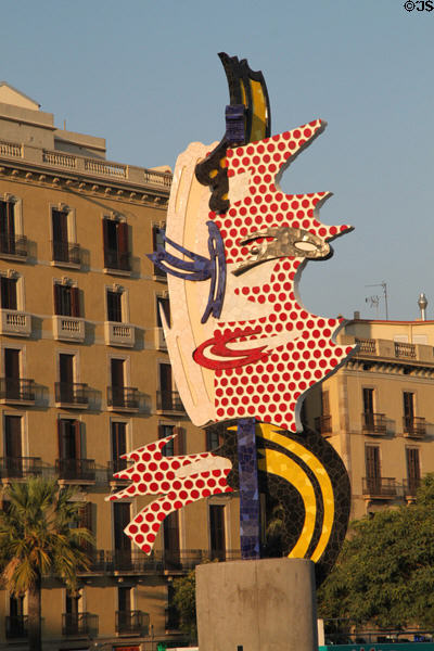Barcelona Face sculpture (1991-2) by Roy Lichtenstein on Mirador del Port Vell. Barcelona, Spain.
