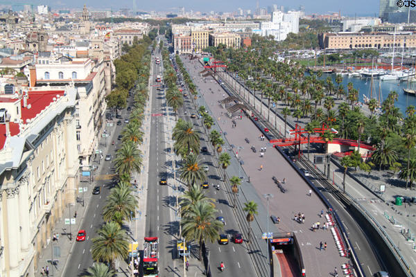 View of Moll de la Fusta & Passeig de Colom on Port Vell waterfront. Barcelona, Spain.