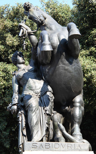 Wisdom (Sabiduria) woman with horse sculpture (1929) by Miguel Saenz de Medrano Oslé at Plaça de Catalunya. Barcelona, Spain.