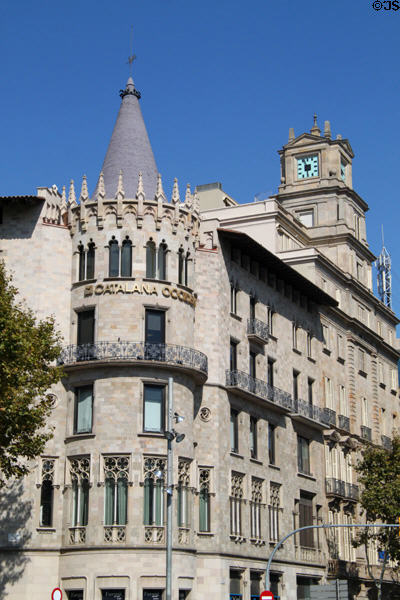 Casa Pons i Pascual (1891) (Passeig de Gràcia 2-4) with La Sud America clock tower beyond. Barcelona, Spain. Architect: Enric Sagnier i Villavecchia.