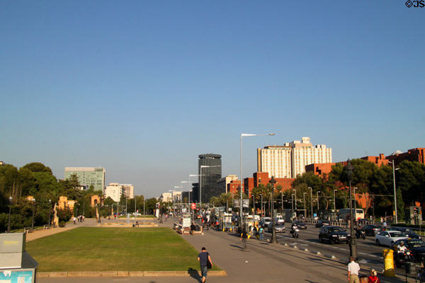 Streetscape of Avinguda Diagonal with Caixa tower. Barcelona, Spain.
