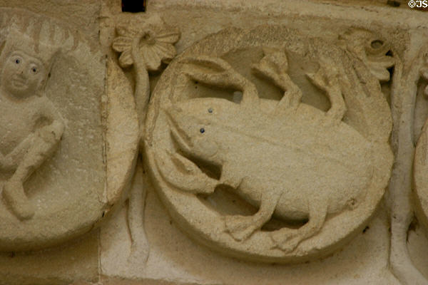 Detail of crab zodiac sign on tympanum of Cathedral St Lazarre. Autun, France.