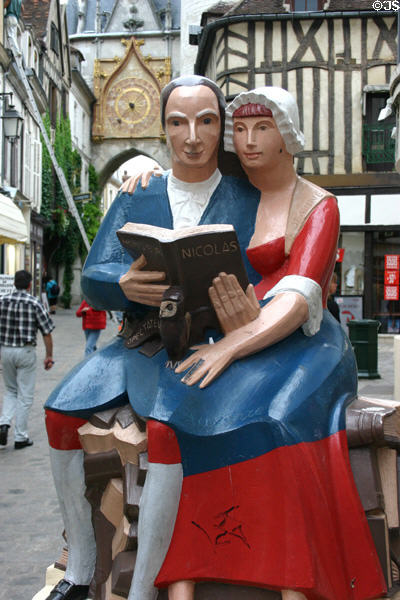 Nicolas Retif de La Bretonne statue an 18th C novelist who worked near the clock tower. Auxerre, France.