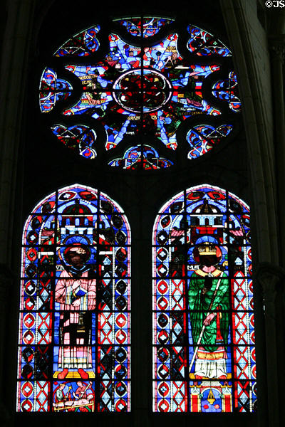 Stained glass rose window of the seven arts in Cathedral St. Étienne. Auxerre, France.